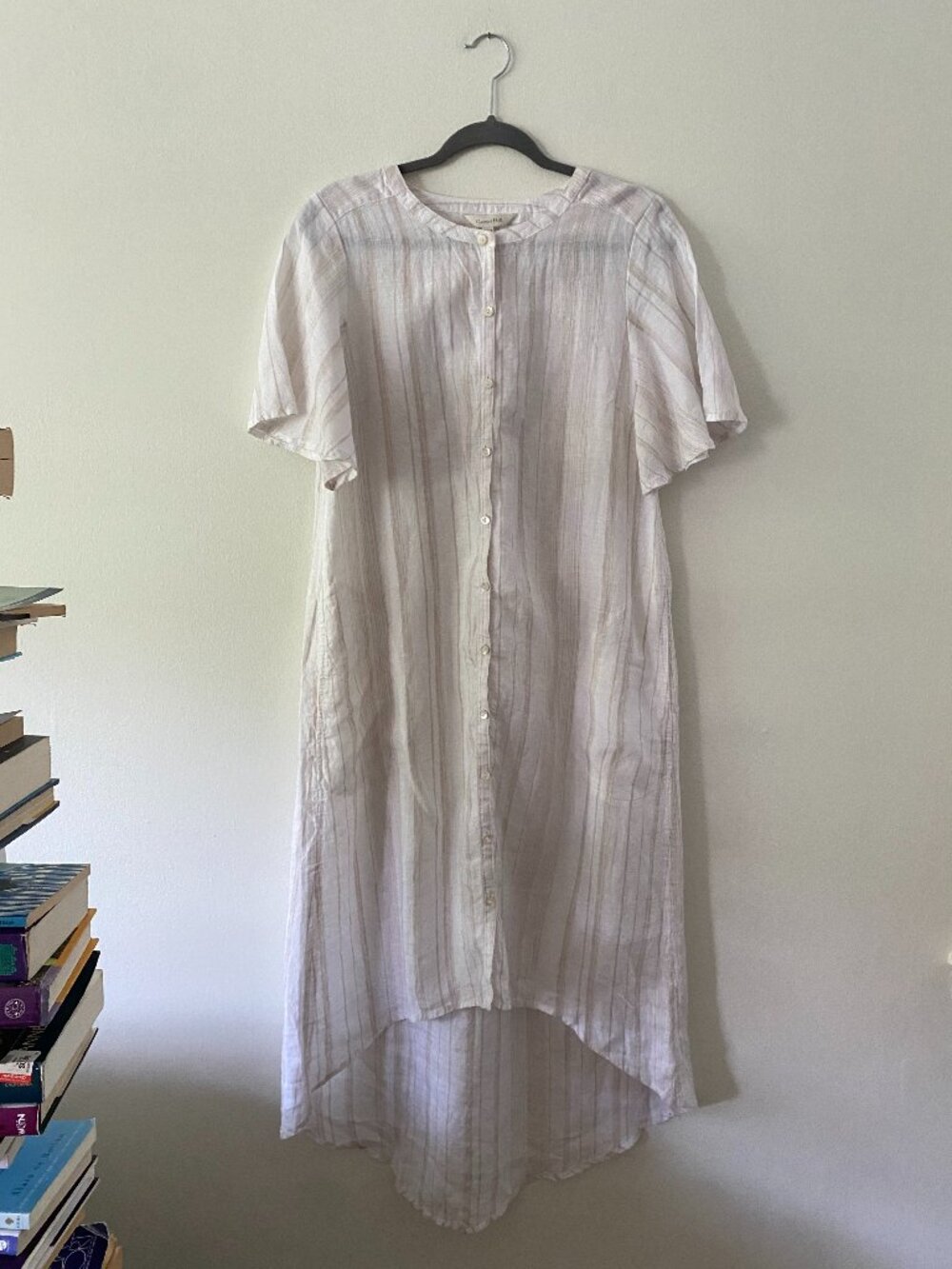 Garnet Hill Striped Linen High-Low Midi Cover Up White / Tan Small Beach Summer